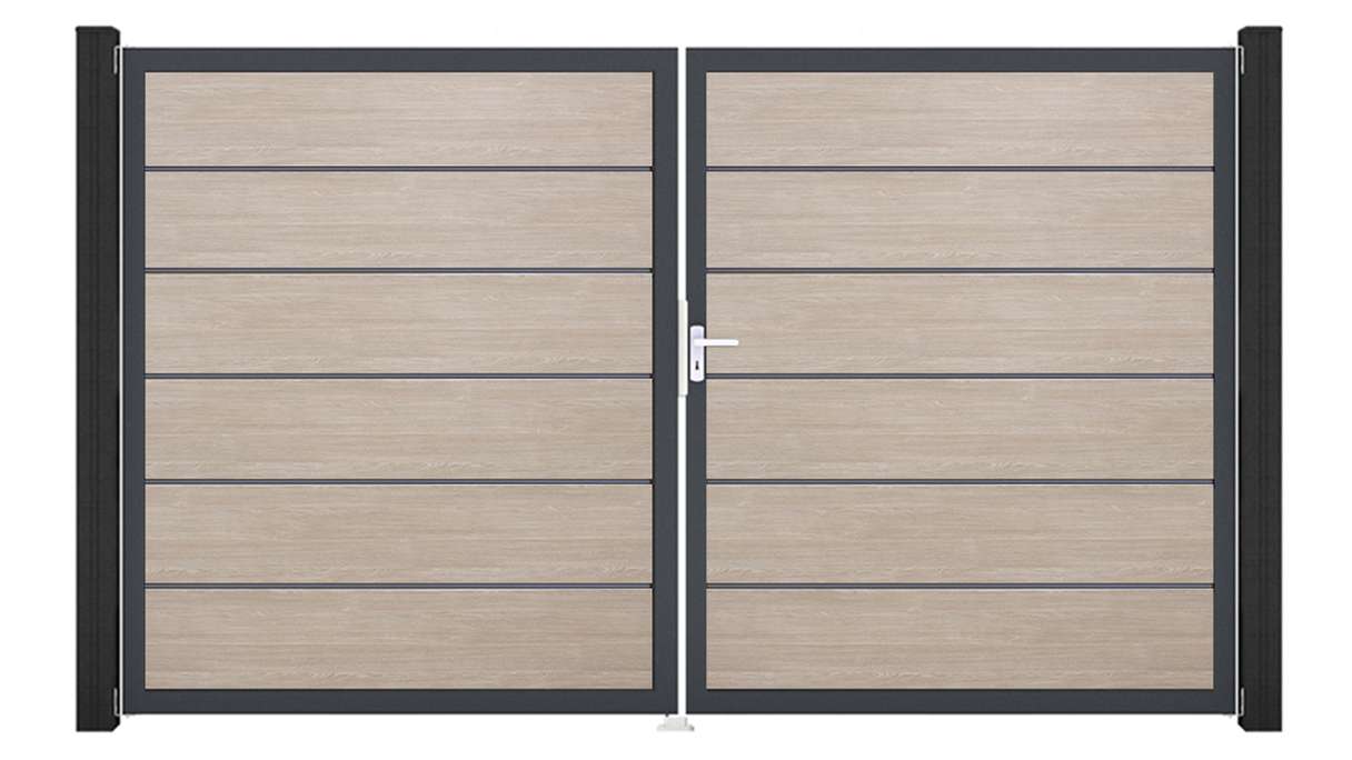 planeo Gardence Simply Premium – 2-panel PVC gate in Sheffield Oak with aluminium frame, 300 x 180 cm