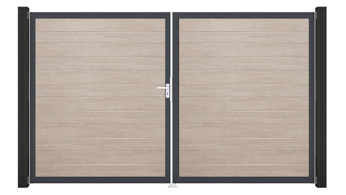 planeo Gardence Simply Small – 2-panel PVC gate in Sheffield Oak with aluminium frame, 300 x 180 cm