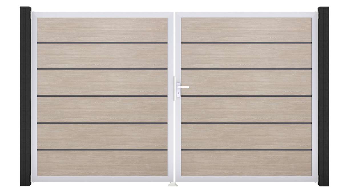 planeo Gardence Simply Premium – 2-panel PVC gate in Sheffield Oak with aluminium frame, 300 x 180 cm