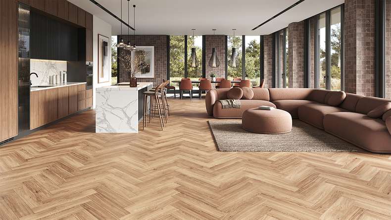 planeo Rigid Klick Vinyl - SolutionX 2in1 Herringbone Oak Light Brown | Impact sound insulation integrated (ECF-HB-4955)