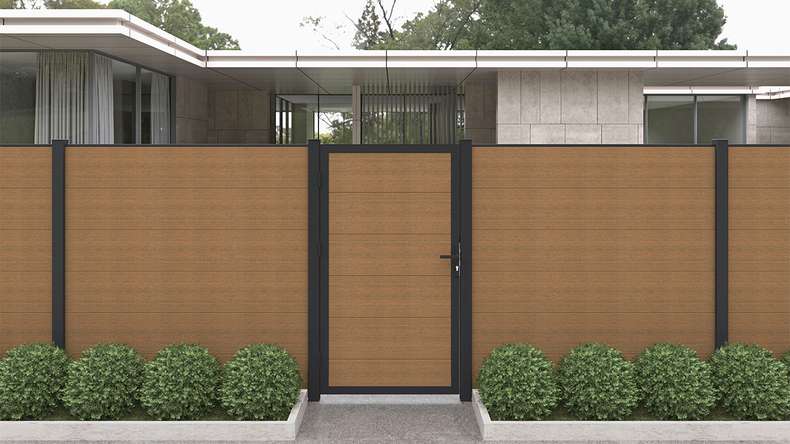 planeo INFINITY XL-Board - WPC CoEx universal door Burma teak with anthracite aluminium frame 100 x 180
