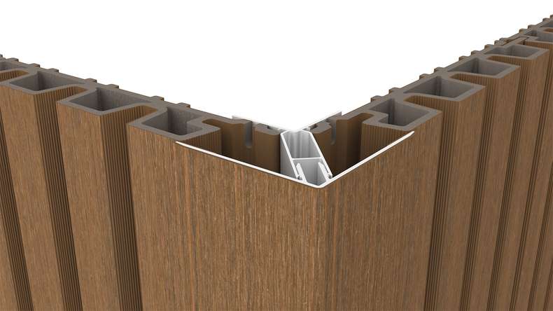 planeo LINEA – Aluminium CoEx external corner profile, Burma Teak, 3000 x 66 x 66 mm