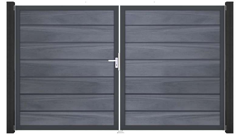 planeo Gardence Deluxe – BPC gate – double-leaf, stone grey co-ex with aluminium frame 