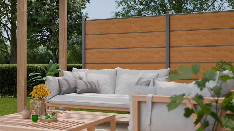 planeo Gardence Simply Premium - PVC plug-in fence natural knotty oak with pilaster strips in anthracite 180 x 180 cm