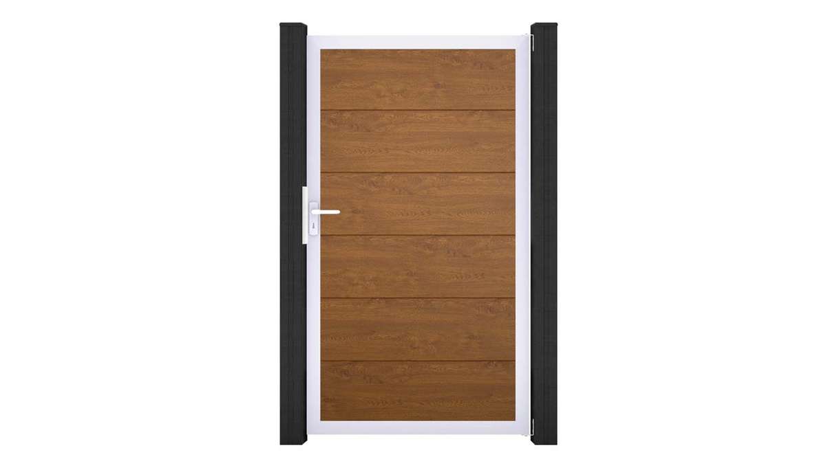 planeo Gardence Simply – Golden Oak universal PVC gate with aluminium frame, 100 x 180 cm