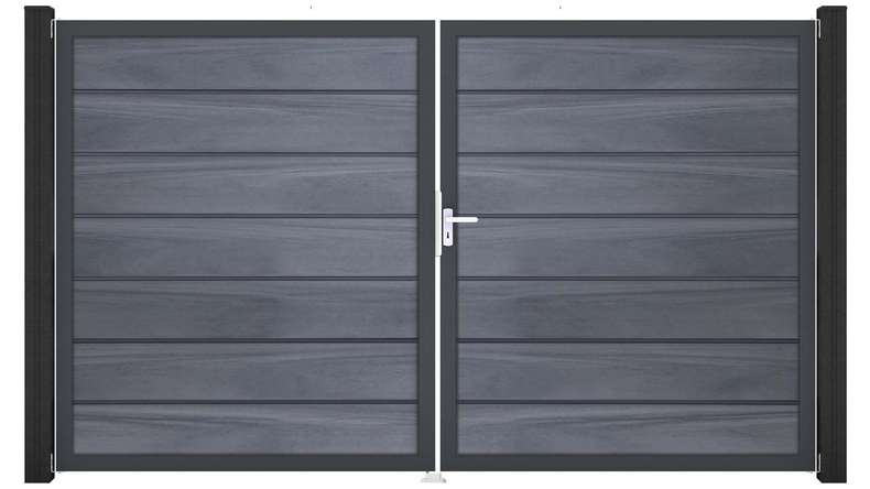 planeo Gardence Deluxe – BPC gate – double-leaf, stone grey co-ex with aluminium frame 
