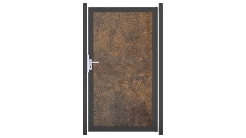 planeo Gardence Resistant – HPL privacy screen, rust-effect gate with aluminium frame