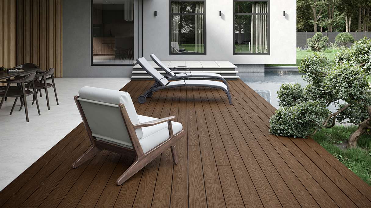 planeo CoEXWood WPC solid coated decking board - Light brown/Dark brown 3m structured