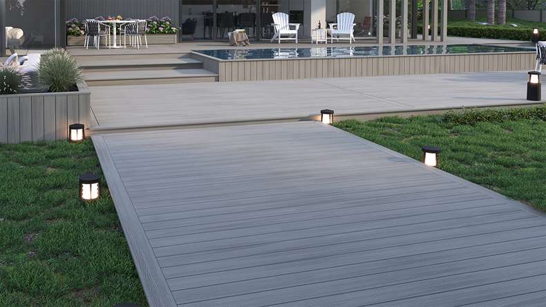 planeo WOODLine Nature - WPC CoEx coated decking board hollow chamber - light grey 3m textured/smooth brushed