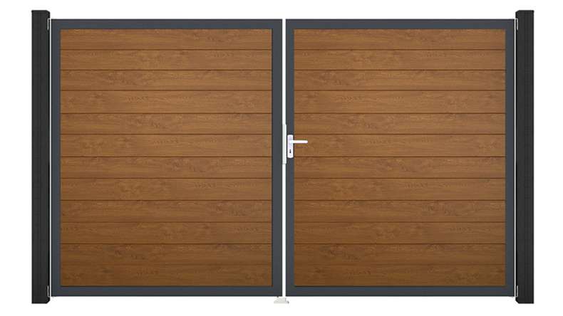 planeo Gardence Simply Small – 2-panel PVC gate in Golden Oak with aluminium frame, 300 x 180 cm