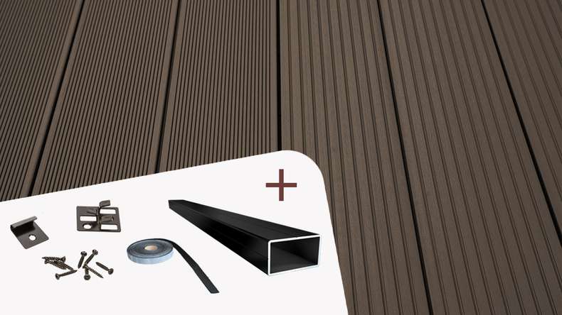 Complete set TitanWood 4m hollow core plank grooved structure dark brown 41.2m² incl. Alu-UK