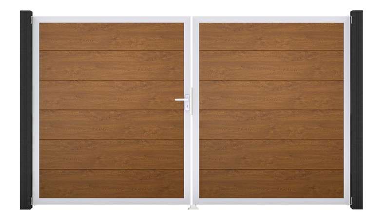 planeo Gardence Simply – 2-leaf PVC gate in Golden Oak with aluminium frame