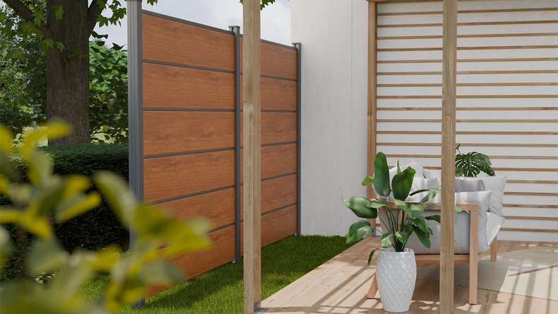 planeo Gardence Simply Premium - PVC plug-in fence Golden Oak with pilaster strips in anthracite 180 x 180 cm