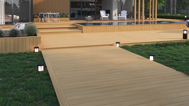 planeo WOODLine Nature - WPC CoEx coated decking board hollow chamber - sand 3m textured/smooth brushed