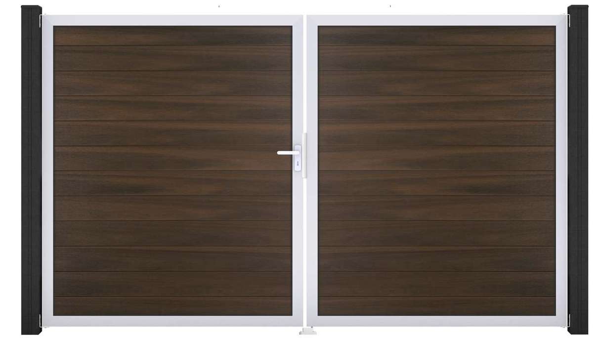 planeo Gardence Strong – BPC gate – double-leaf, walnut co-ex with aluminium frame