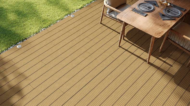planeo LineWood Solid WPC Decking Board – Earth Brown, 3m, tongue and groove