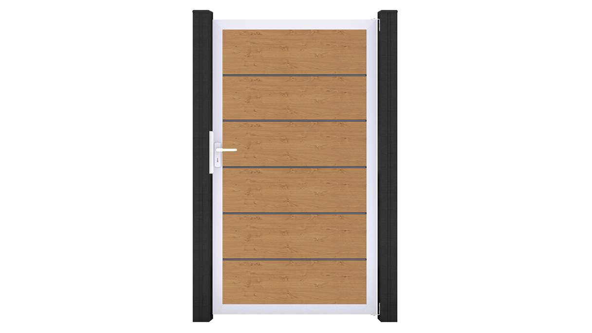 planeo Gardence Simply Premium – Universal PVC gate in natural knotty oak with aluminium frame, 100 x 180 cm