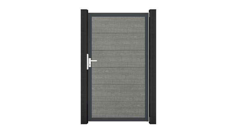 planeo Gardence Simply – PVC Universal Gate, Grey Ash Cut, with aluminium frame, 100 x 180 cm