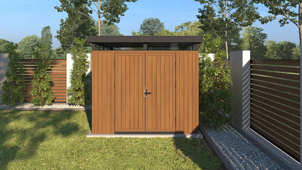 planeo WPC CoEx Flat-Roof Garden Shed M – Burma Teak 250 x 250 x 226.5 cm