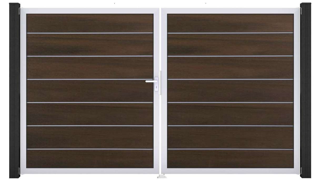 planeo Gardence Deluxe – BPC gate – double-leaf, walnut co-ex with aluminium frame