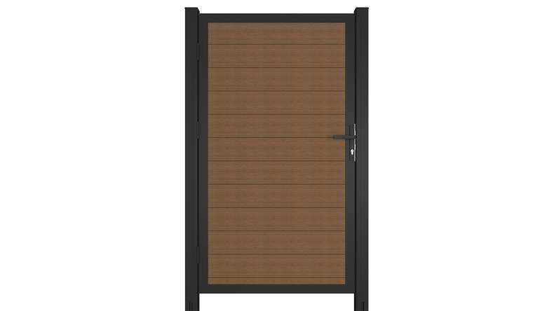 planeo INFINITY - WPC CoEx universal door Burma teak with anthracite aluminium frame 100 x 180 cm