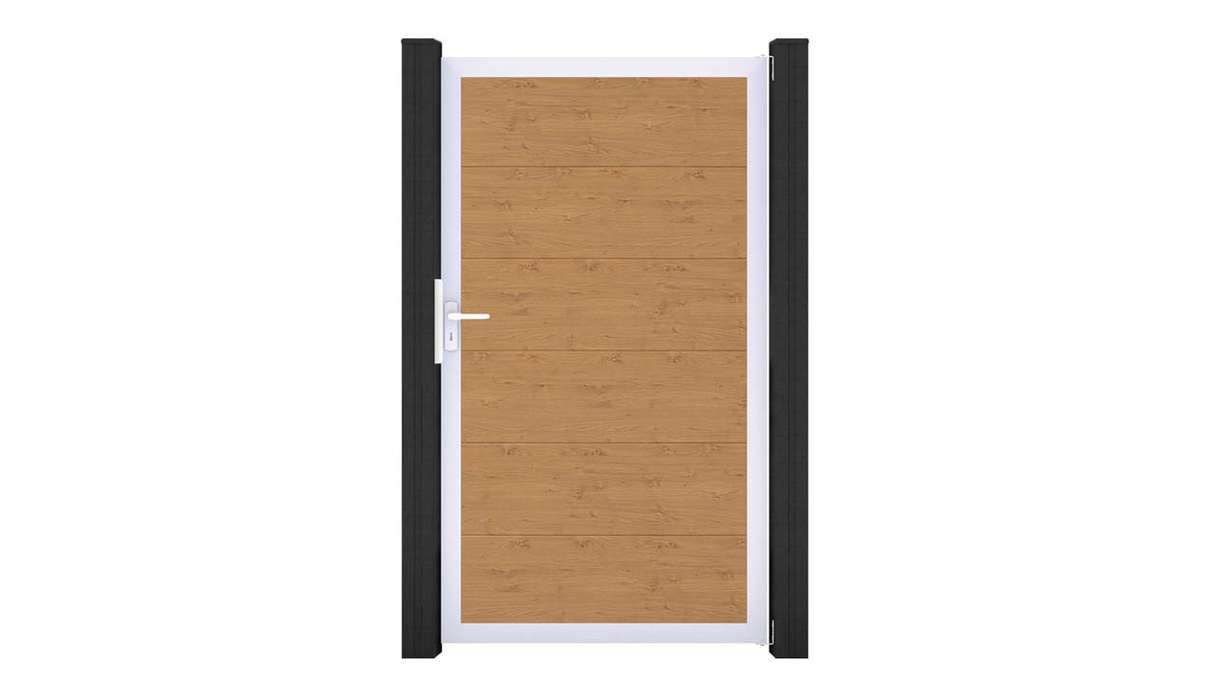 planeo Basic - PVC plug-in fence universal gate natural aspen oak with aluminium frame in silver | EV1 100 x 180 cm