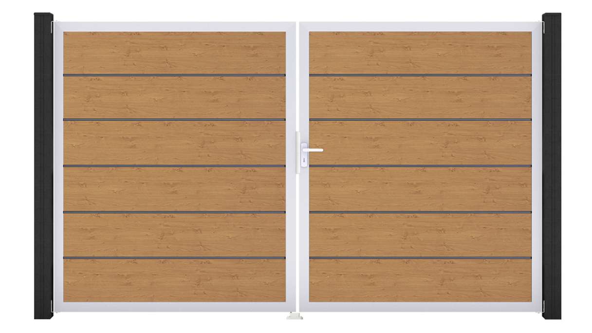 planeo Gardence Simply Premium - PVC door - DIN right 2-leaf natural knotty oak with silver aluminium frame | EV1 300 x 180 cm