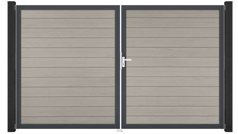 planeo Gardence Strong – BPC gate – double-leaf, two-tone sand with aluminium frame