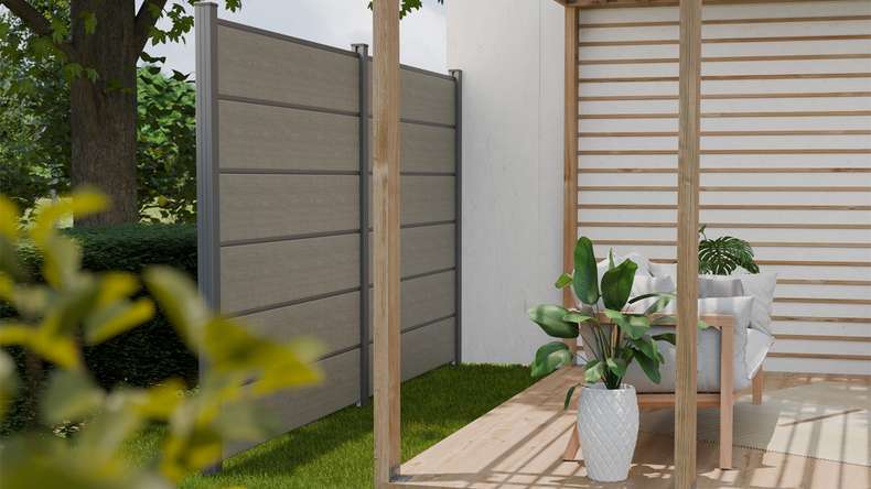 planeo Gardence Simply Premium - PVC plug-in fence Grey Ash Cut with pilaster strips in anthracite 180 x 180 cm
