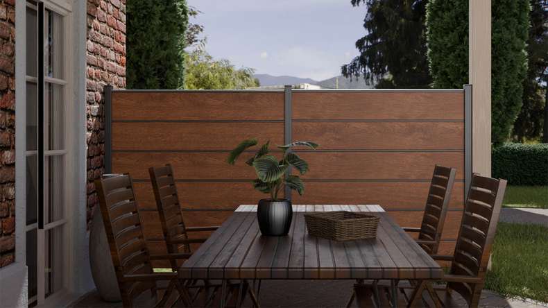 planeo Gardence Simply Premium - PVC plug-in fence Golden Oak with pilaster strips in anthracite 180 x 180 cm