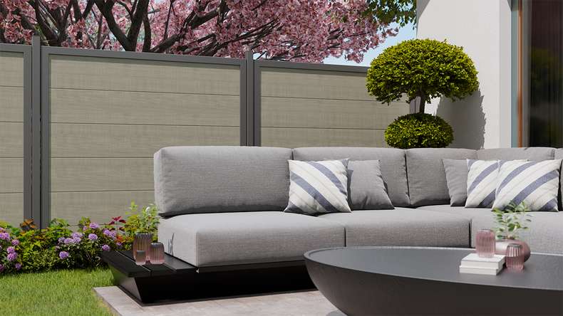 planeo Gardence Simply Guard - PVC garden fence Grey Ash Cut with aluminium frame in anthracite 180 x 180 cm