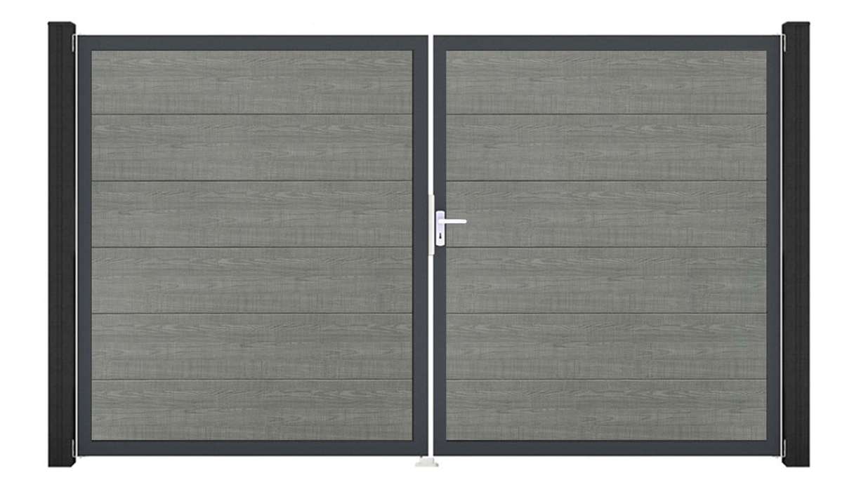 planeo Gardence Simply – 2-leaf PVC gate in Grey Ash Cut with aluminium frame