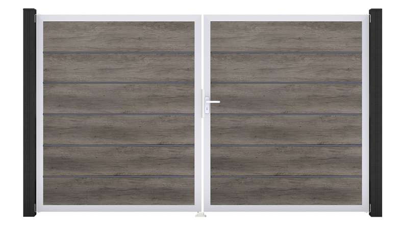 planeo Gardence Simply Premium - PVC door - DIN right 2-leaf Monument Oak with silver aluminium frame | EV1 300 x 180 cm