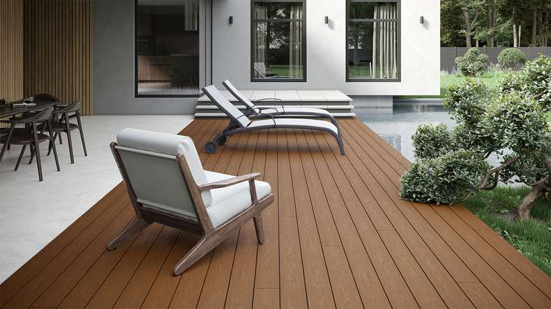 planeo CoEXWood WPC solid coated decking board - Sand/Caramel 4.8m structured