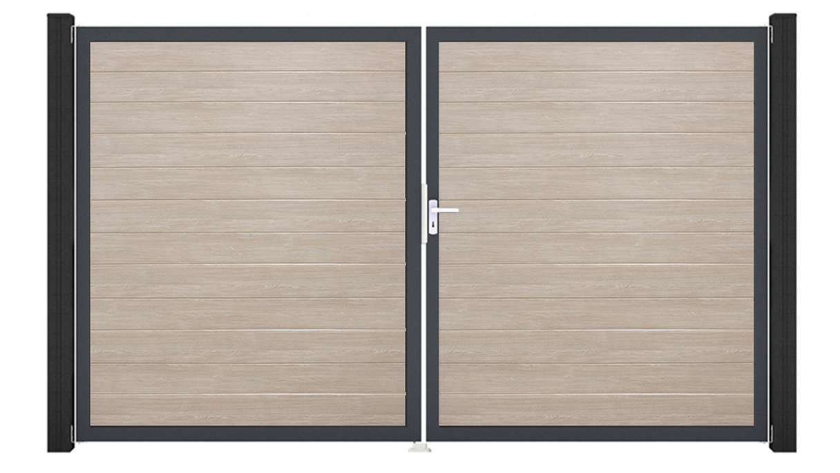 planeo Gardence Simply Small – 2-panel PVC gate in Sheffield Oak with aluminium frame, 300 x 180 cm