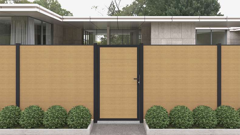 planeo INFINITY XL-Board - WPC CoEx universal door sand with anthracite aluminium frame 100 x 180