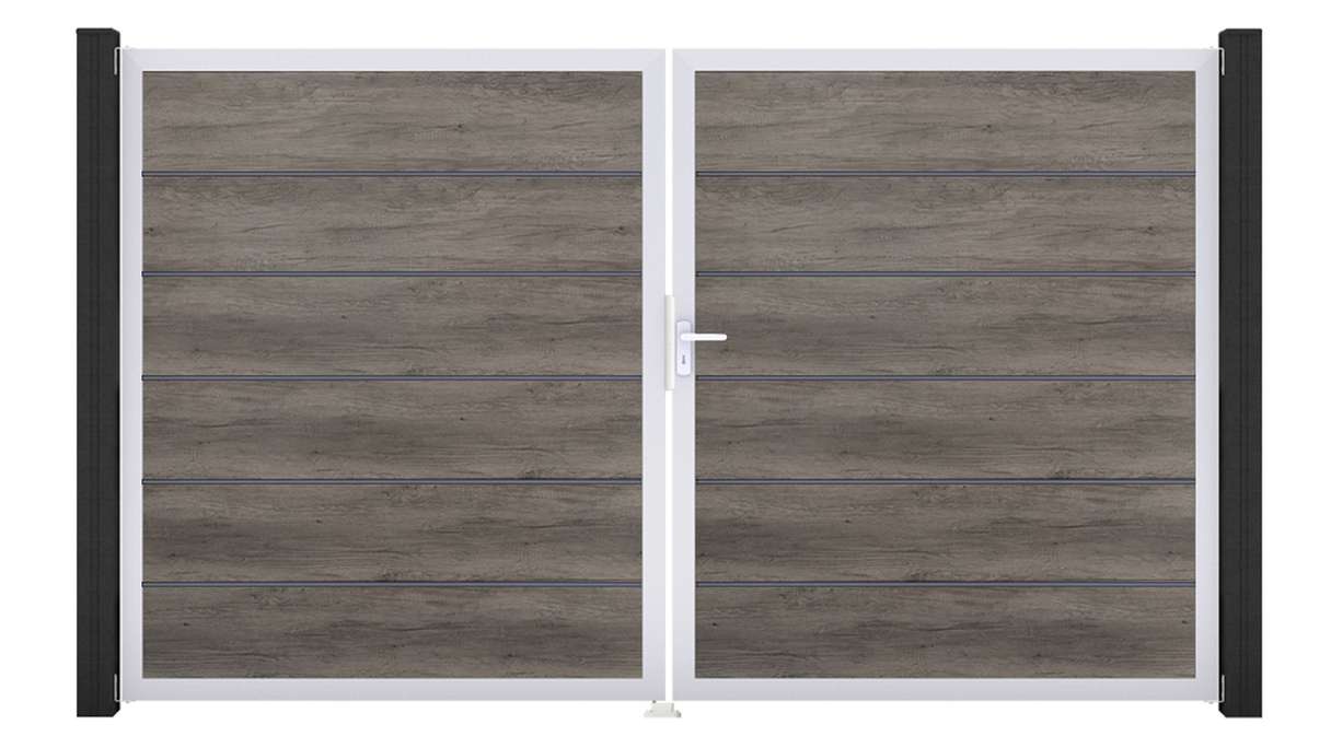 planeo Gardence Simply Premium – 2-panel PVC gate in Monument Oak with aluminium frame, 300 x 180 cm