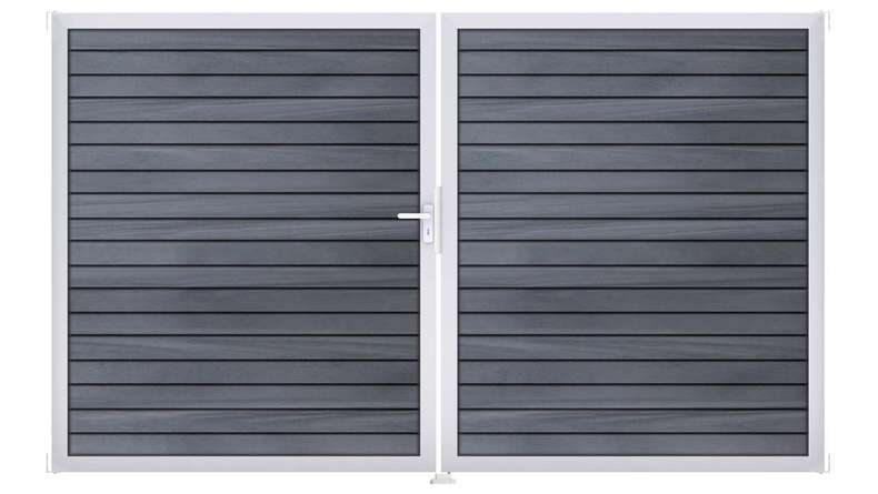 planeo Gardence Trendy – BPC Rhombus Gate – 2-panel, stone grey co-extruded with aluminium frame