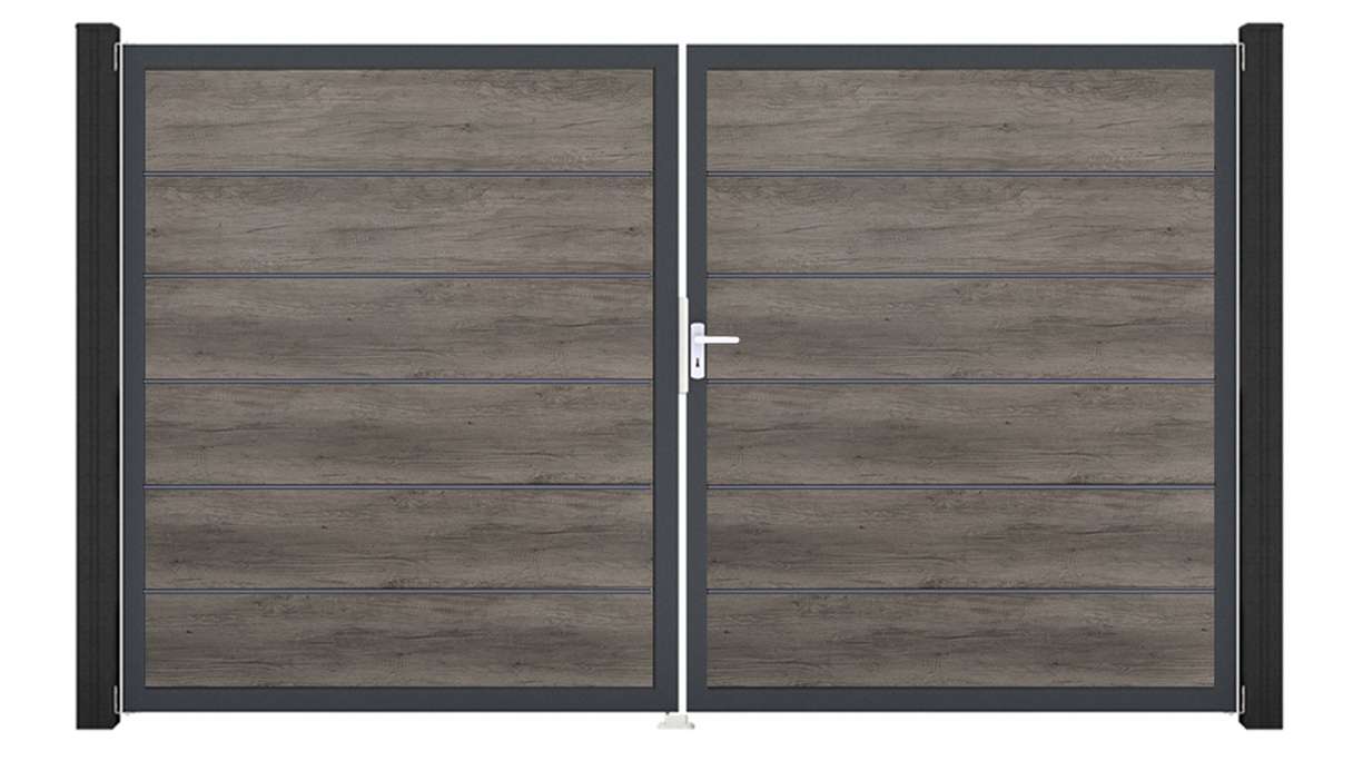 planeo Gardence Simply Premium – 2-panel PVC gate in Monument Oak with aluminium frame, 300 x 180 cm