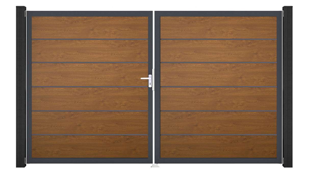planeo Gardence Simply Premium – 2-panel Golden Oak PVC gate with aluminium frame, 300 x 180 cm