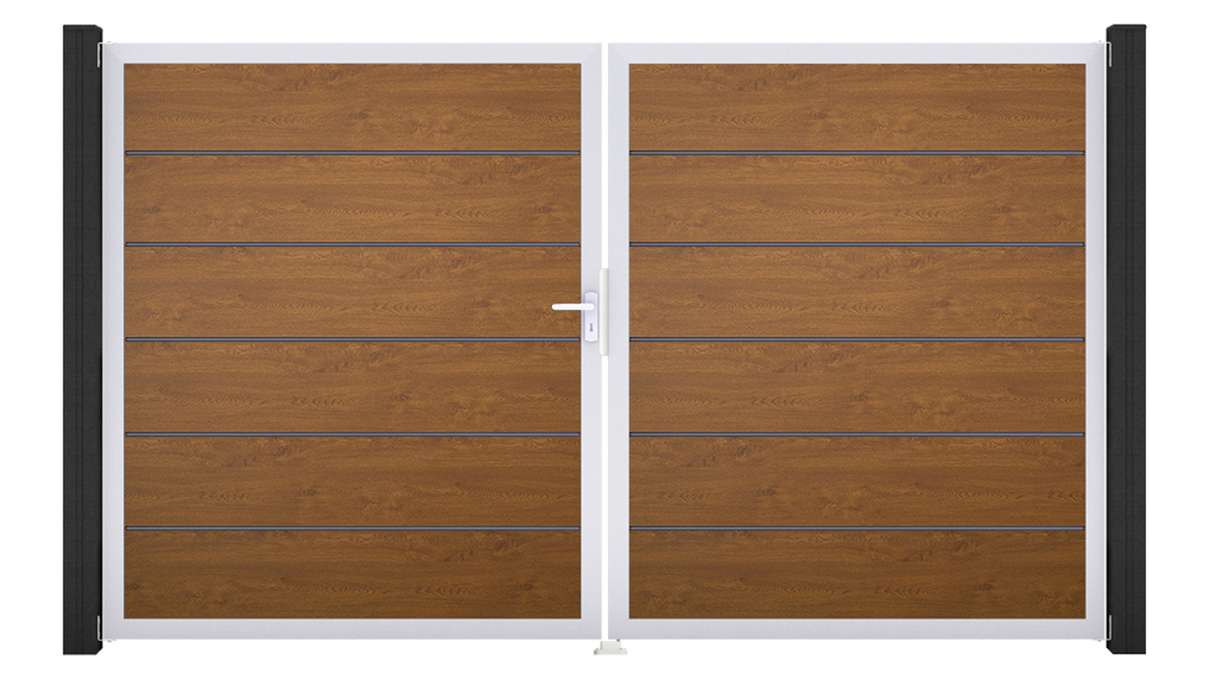 planeo Gardence Simply Premium – 2-panel Golden Oak PVC gate with aluminium frame, 300 x 180 cm