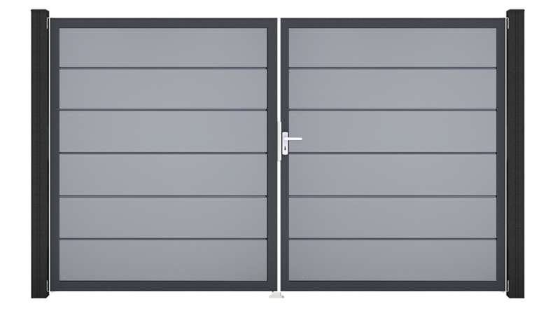 planeo Gardence Simply Premium – 2-panel PVC gate, silver-grey with aluminium frame, 300 x 180 cm