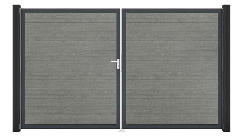 planeo Gardence Simply Small - PVC door - DIN left 2-leaf Grey Ash Cut with anthracite aluminium frame | DB703 300 x 180 cm