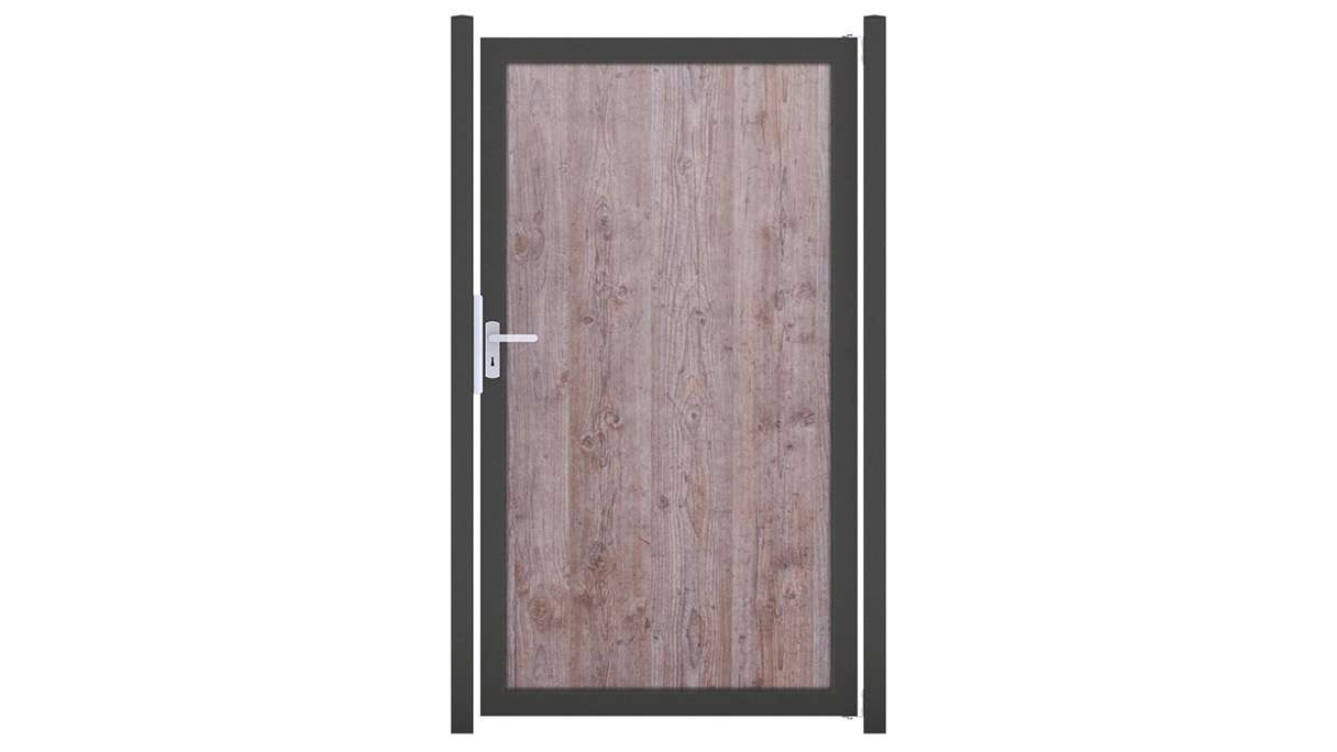 planeo Gardence Resistant – HPL privacy screen gate in a wood-effect finish with aluminium frame