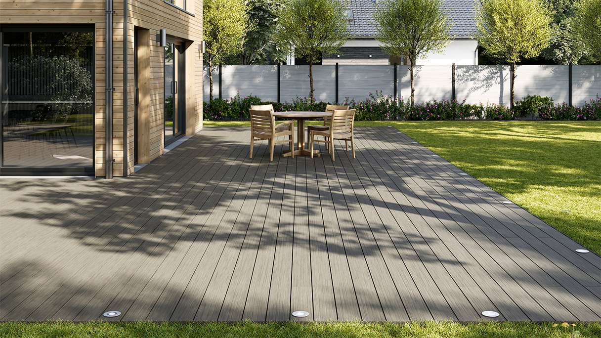 planeo AntikWood WPC decking complete set solid planks 4.8m (32.46m²) - Stone grey antique aged