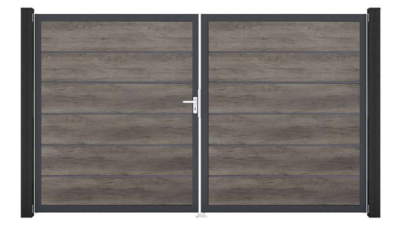 planeo Gardence Simply Premium – 2-panel PVC gate in Monument Oak with aluminium frame, 300 x 180 cm