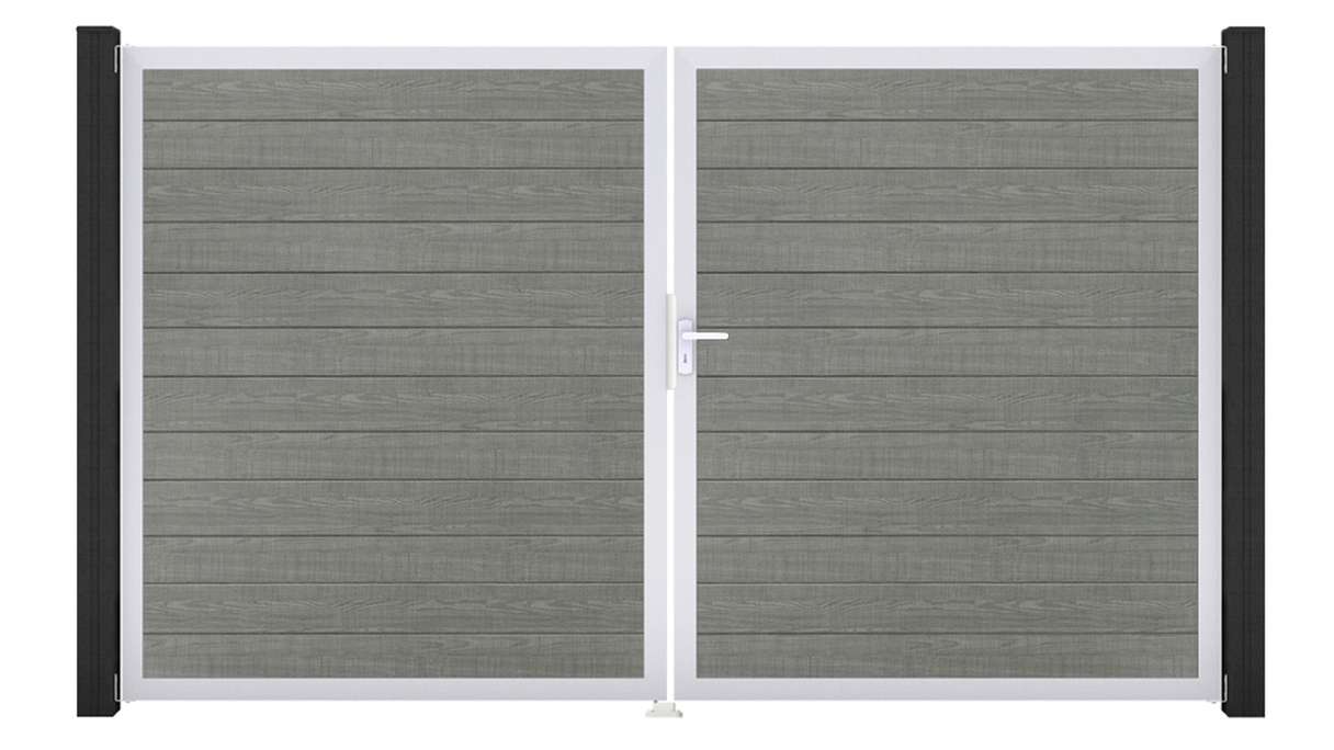 planeo Gardence Simply Small – 2-panel PVC gate in Grey Ash Cut with aluminium frame, 300 x 180 cm