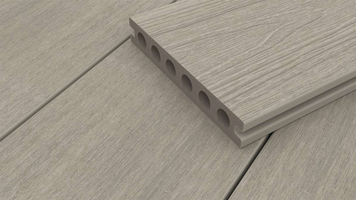 planeo WOODLine Nature - WPC CoEx coated decking board hollow chamber - light grey 3m textured/smooth brushed