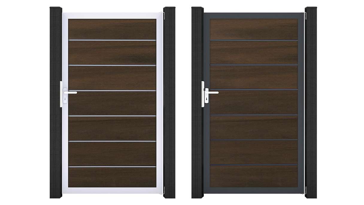 planeo Gardence Deluxe – BPC Universal Gate, Walnut co-ex with aluminium frame, 100 x 180 x 4 cm