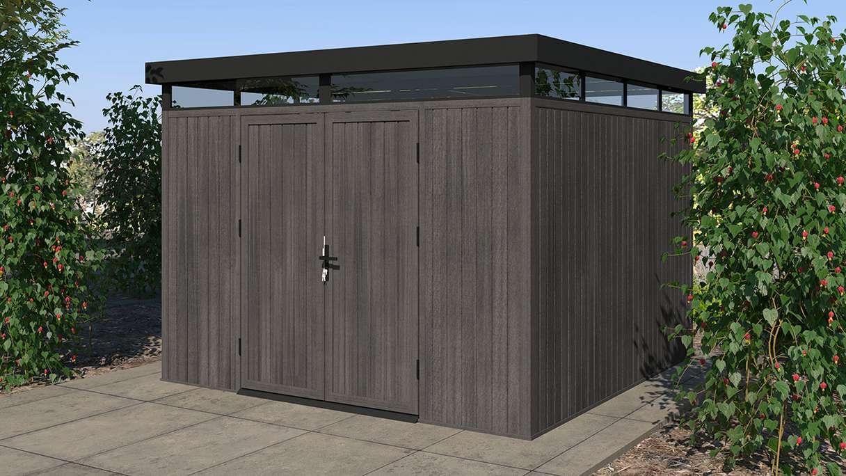 planeo WPC CoEx Flat-Roof Garden Shed L – Dark Grey 300 x 292 x 226.5 cm